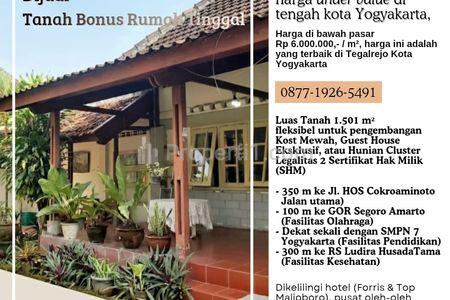 Jual Tanah Murah Bonus Bangunan Rumah Tinggal Luas di Tegalrejo Kota Yogyakarta