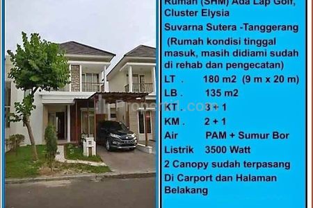 Jual Cepat Rumah Dekat 2 Lantai Lapangan Golf di Suvarna Sutera Cluster Elysia, Sindang Jaya, Kabupaten Tangerang, Banten