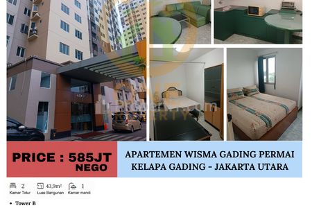 Dijual Apartemen Wisma Gading Permai (WGP) Kelapa Gading, Jakarta Utara - 2 BR Furnished