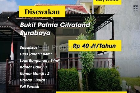 Disewakan Rumah Bukit Palma Citraland Pakal Surabaya Barat