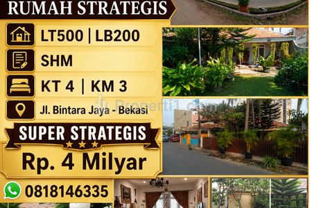 Dijual Rumah Strategis Bintara Jaya Bekasi SHM LT500 LB200 KT4 KM3 Siap Huni Akses Lebar Dekat Fasum, Sekolah, RS, Kuliner, Harga Murah