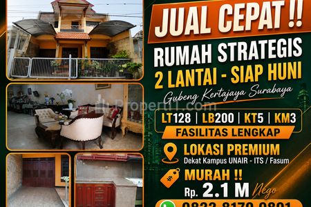 Dijual Rumah 2 Lantai Siap Huni Gubeng Surabaya, Lokasi Elite Super Strategis Dekat Kampus, Cocok untuk Tempat Tinggal Maupun Tempat Usaha, Kost, Dll