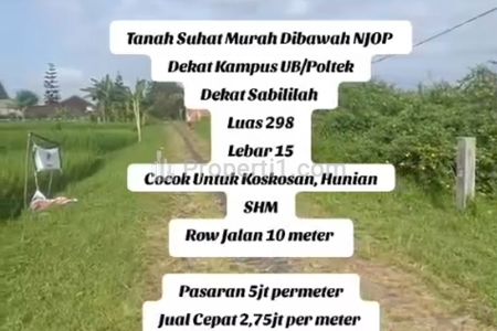 Dijual Murah Tanah Area Suhat Malang Dekat Poltek dan Sabilillah Malang