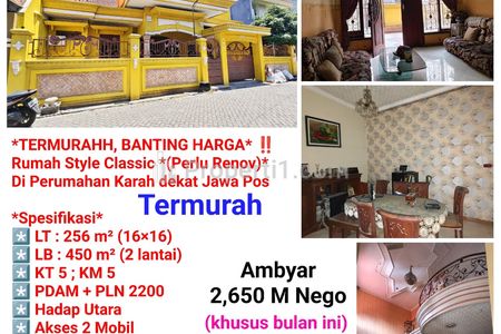 Dijual Rumah Style Classic Termurah di Jambangan, Surabaya Selatan