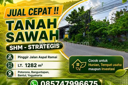 Jual Tanah di Pinggir Jalan Besar Banguntapan Bantul Yogyakarta, Luas 1282m2 SHM Murah Poll
