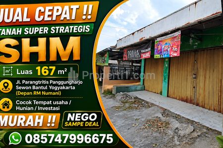Dijual Tanah SHM Pinggir Jalan Parangtritis Yogyakarta, Luas 167m2 Sewon Bantul Harga Murah Nego