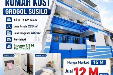 Dijual Rumah Kost 68 Kamar, 4 Lantai, Luas 298m2 di Grogol Jakarta Barat