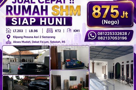 Dijual Rumah SHM Siap Huni di Semarang Perumahan Klipang Pesona Asri 2, LT203 LB96 Nyaman Aman Murah, Bisa nego