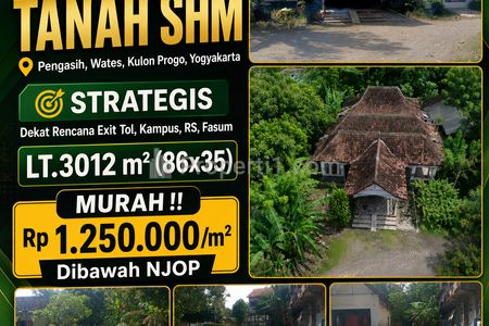 Dijual Tanah Strategis Luas 3012m2 SHM Harga Bawah NJOP Lokasi Strategis di Pengasih, Wates, Kulon Progo, Yogyakarta