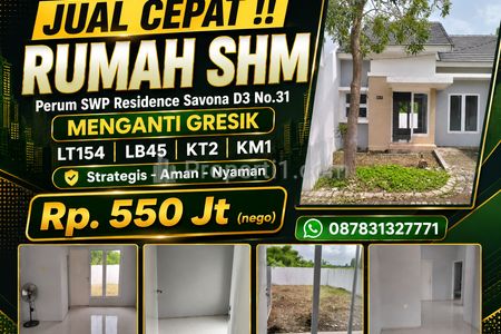 Dijual Rumah SHM Siap Huni dan Nyaman di Menganti Gresik Dekat Surabaya Barat, LT154 LB45 KT2 KM1 Akses Mudah Dekat Fasum dan Faskes
