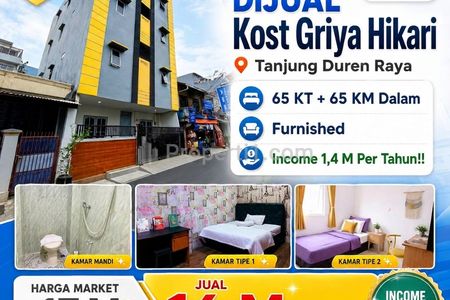 Dijual Rumah Kost Sangat Strategis 64 Kamar (di Bawah Harga Pasar) di Tanjung Duren, Jakarta Barat