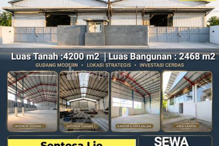 Disewakan Gudang 4200 m2 Raya Menganti Gresik Jawa Timur - 2 Gudang Jejer Kondisi Baru - Nol Jalan Raya - Ada Ruang Kantor - Akses Kontainer 40 Feet